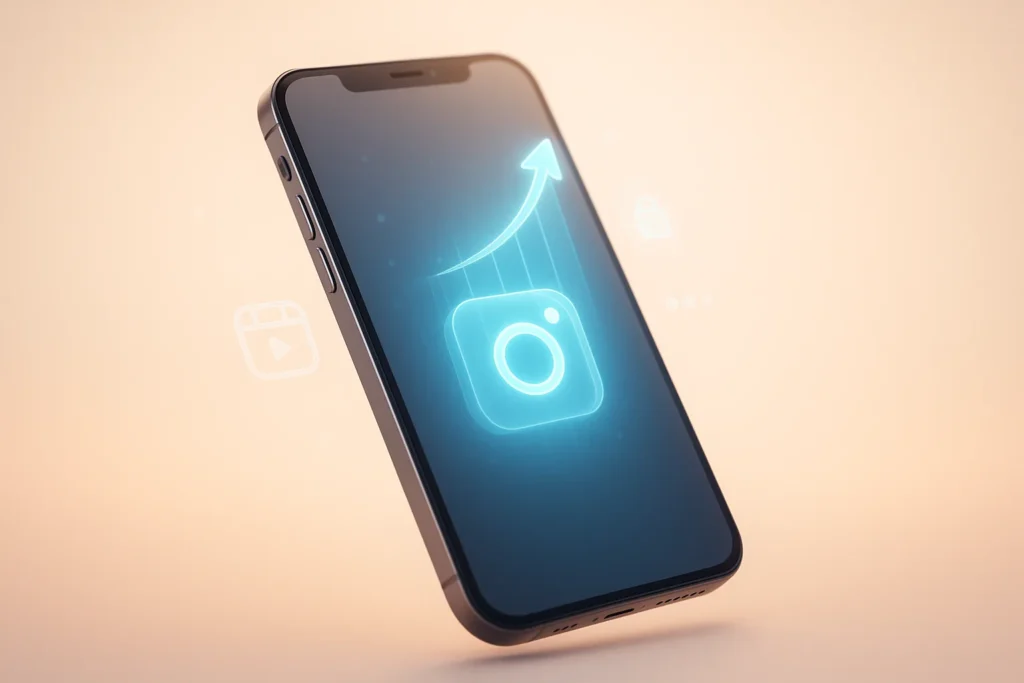 Photorealistic close-up of a single sleek smartphone floating on a soft gradient backdrop, its screen projecting a glowing holographic app glyph resem...