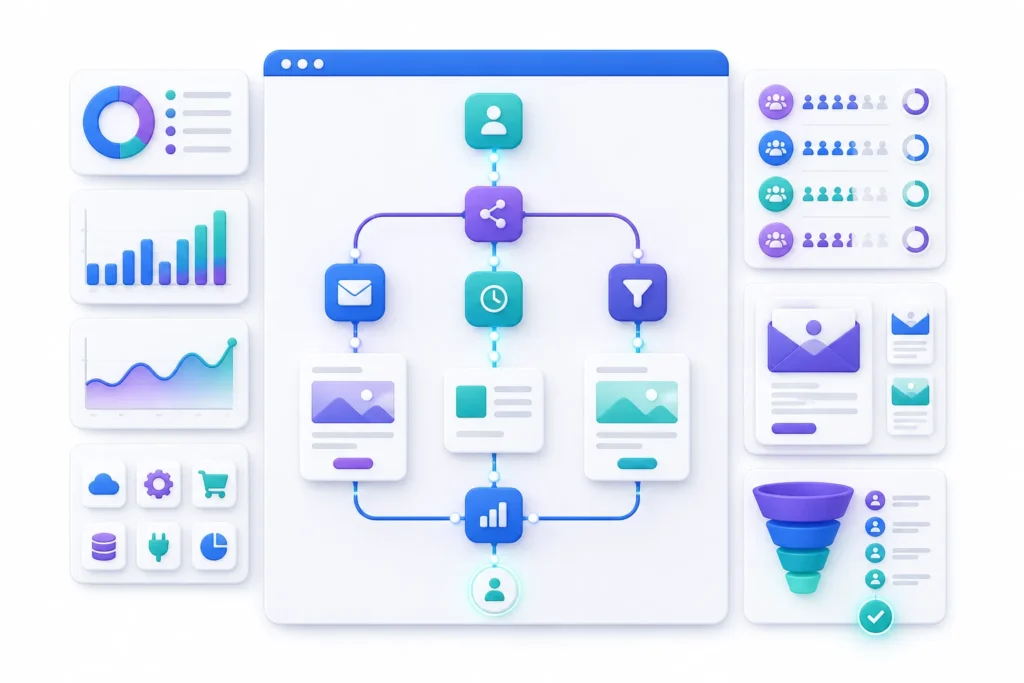 Which platforms include automation workflows, audience segmentation, templates, analytics, and integrations?