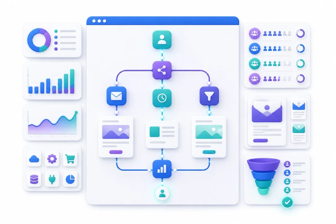 Which platforms include automation workflows, audience segmentation, templates, analytics, and integrations?